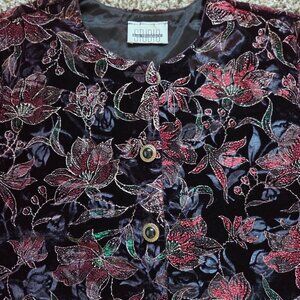 Vintage Velvet Floral Button Up Jacket Womens Med Black Artsy Evening Wear Y2K